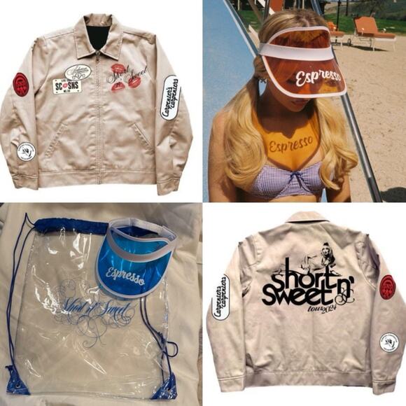 Sabrina Carpenter Jackets & Blazers - Sabrina Carpenter VIP Merch - Tour Jacket, Clear Drawstring Bag & Espresso Visor